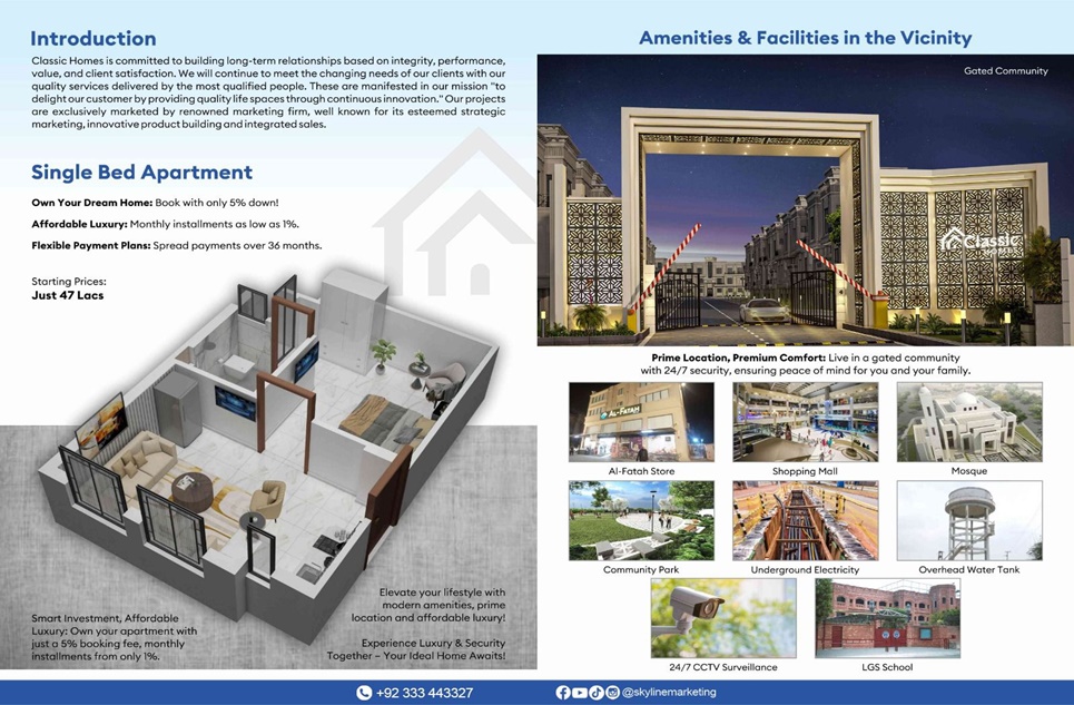 One bed  apartment for sale in Paragon City Lahore