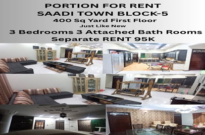 400 Sq. yd House (First Floor) for Rent in Block 5, Saadi Town, Karachi